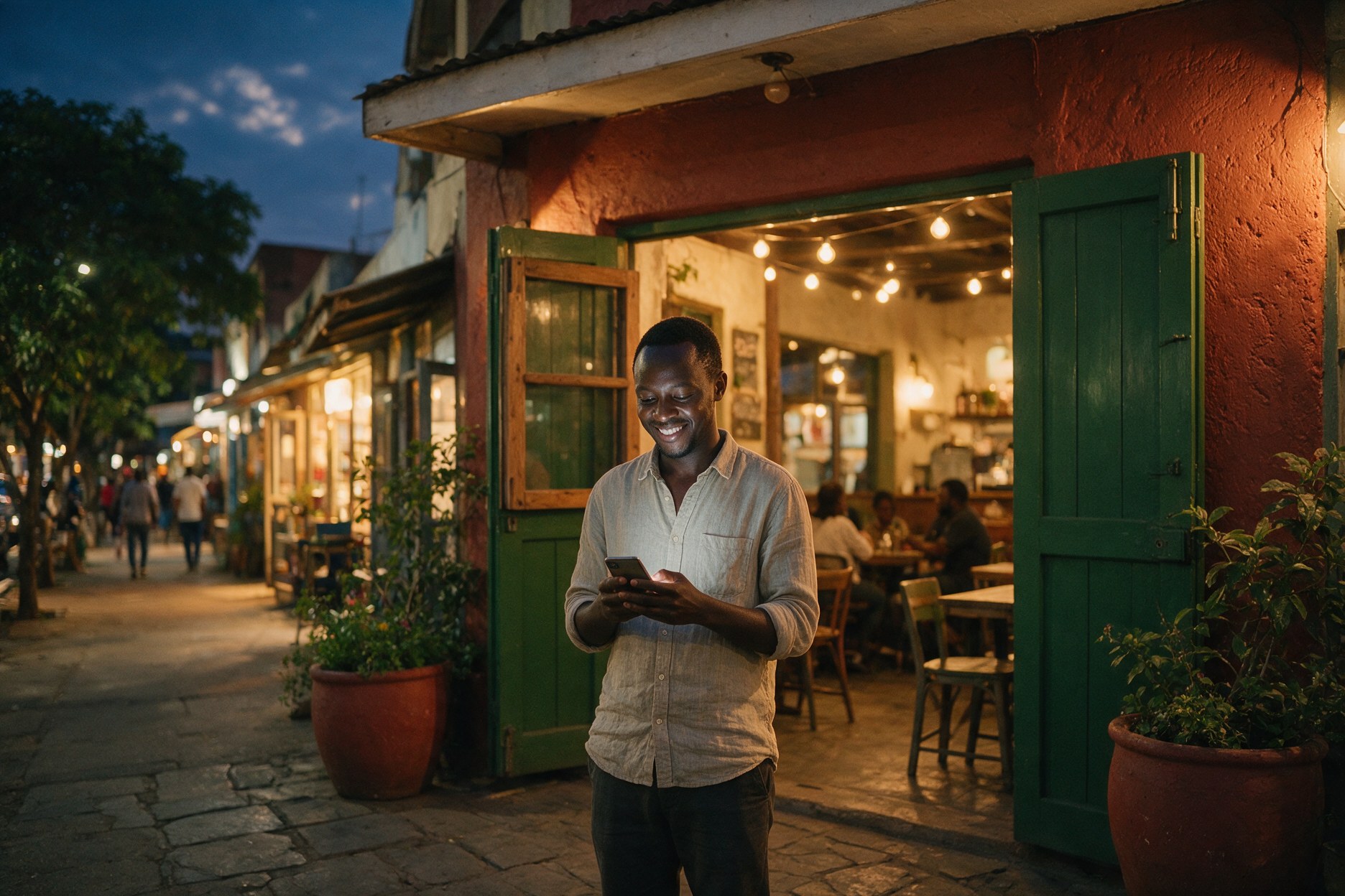 A man smiling at a message on his phone outside a lit cafe at night