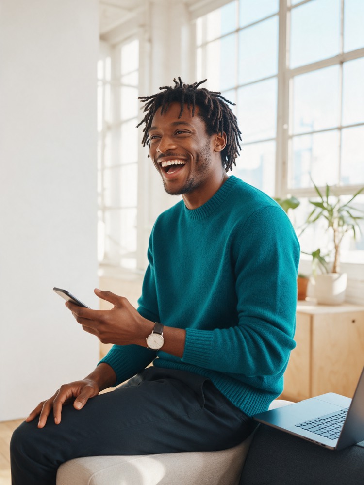 A man laughing at his phone, laptop beside him