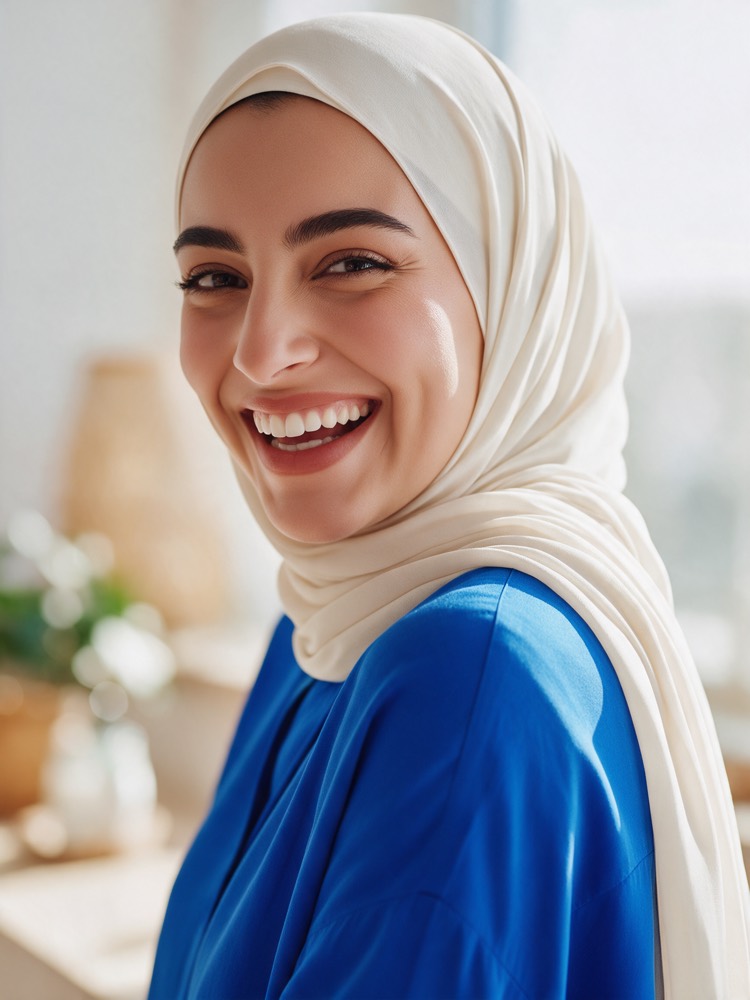 A woman in a blue top laughing